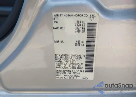 2022 Nissan Altima Sv Fwd z USA, uszkodzony, nr VIN 1N4BL4DVXNN320195